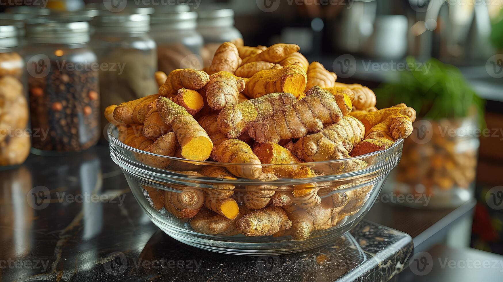 A bowl filled with raw tumeric on a counter photo
