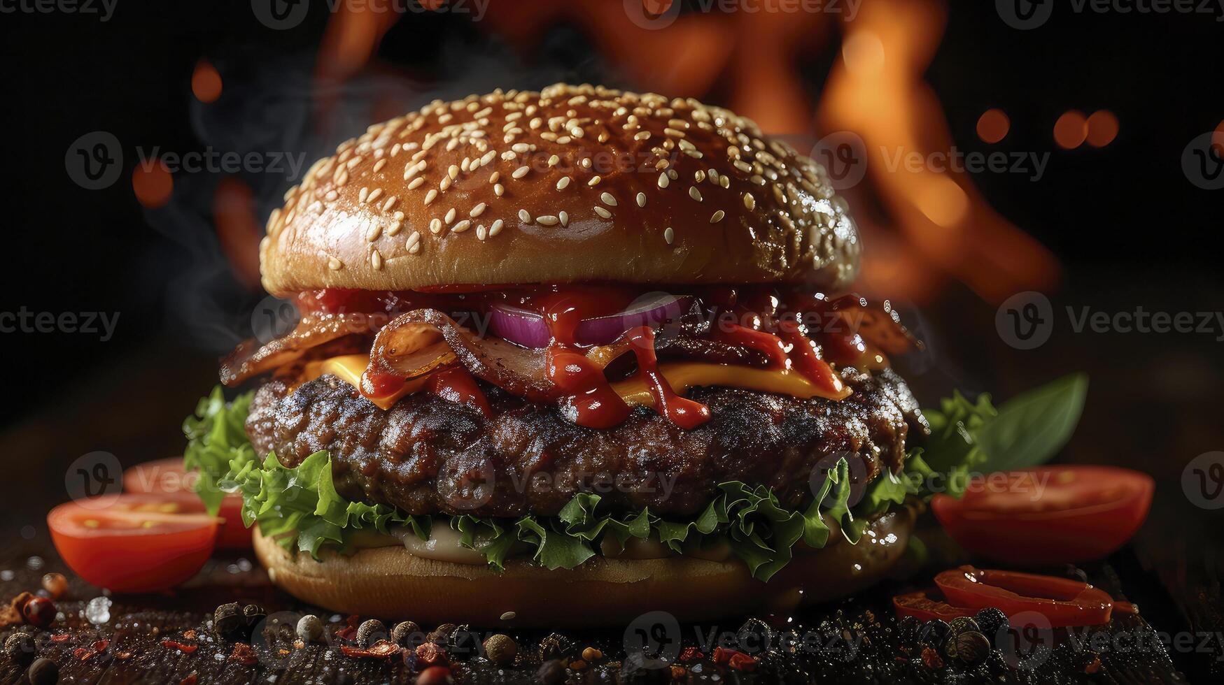 A hamburger with cheese, bacon and tomatoes on a wooden board photo