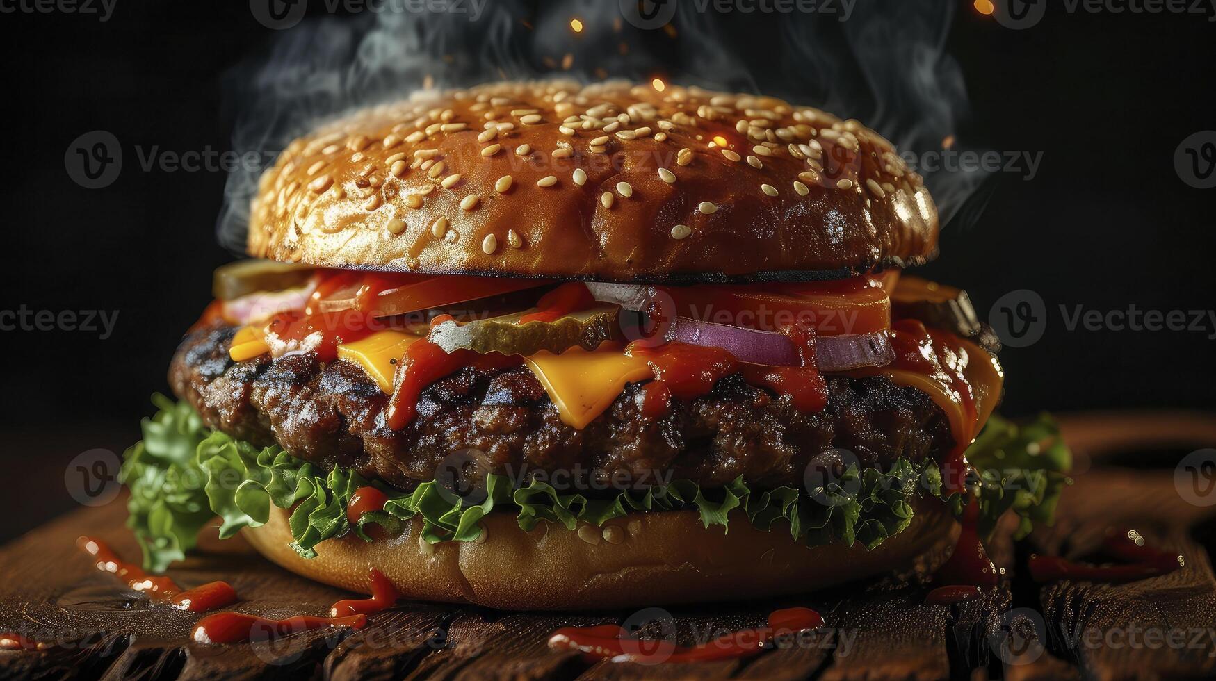 A large hamburger with ketchup and cheese on top photo