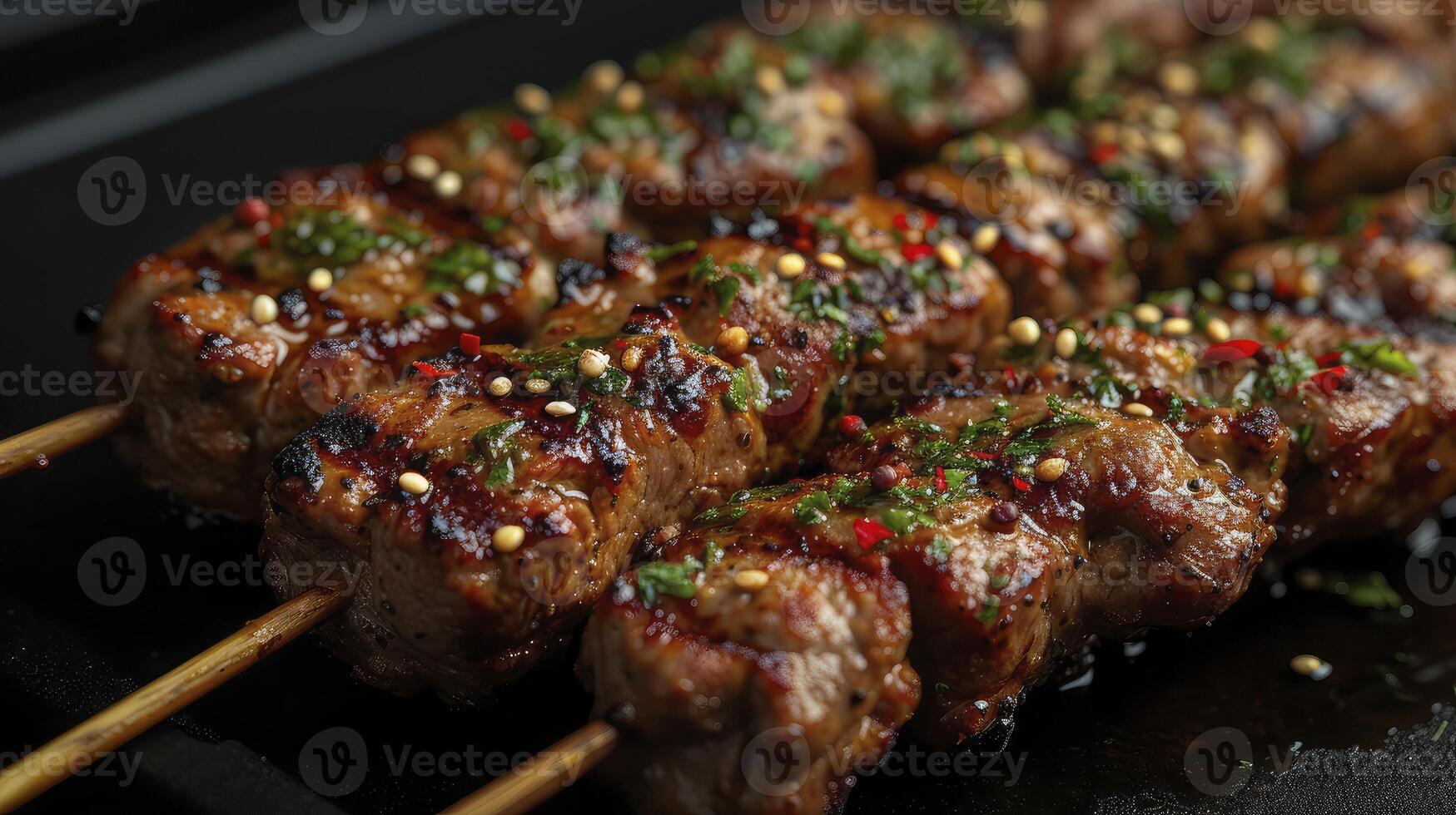 A close up of a skewered meat on a black tray photo