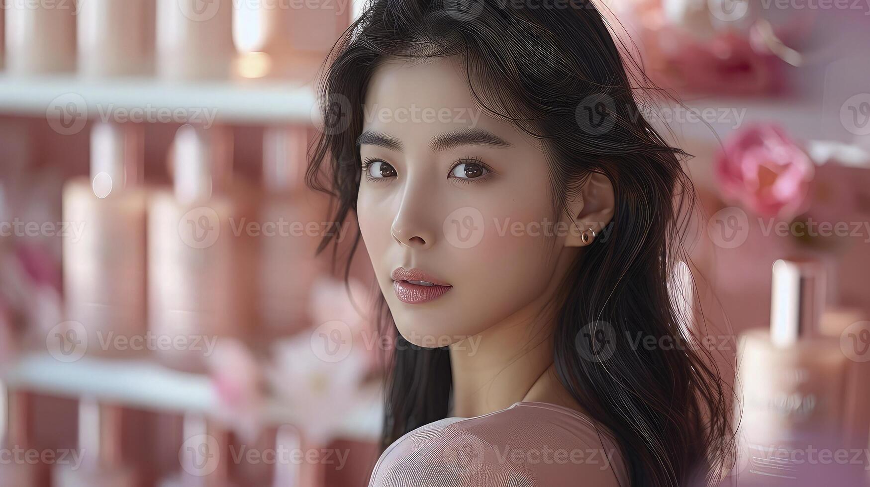A woman with long black hair standing in front of pink shelves photo