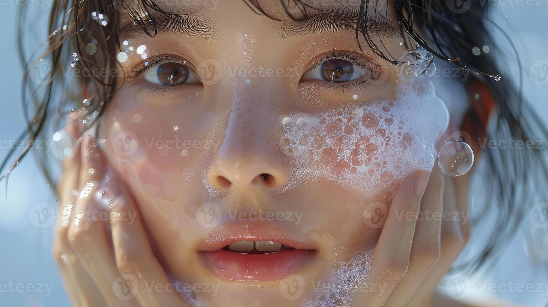 A woman with a face full of soap photo