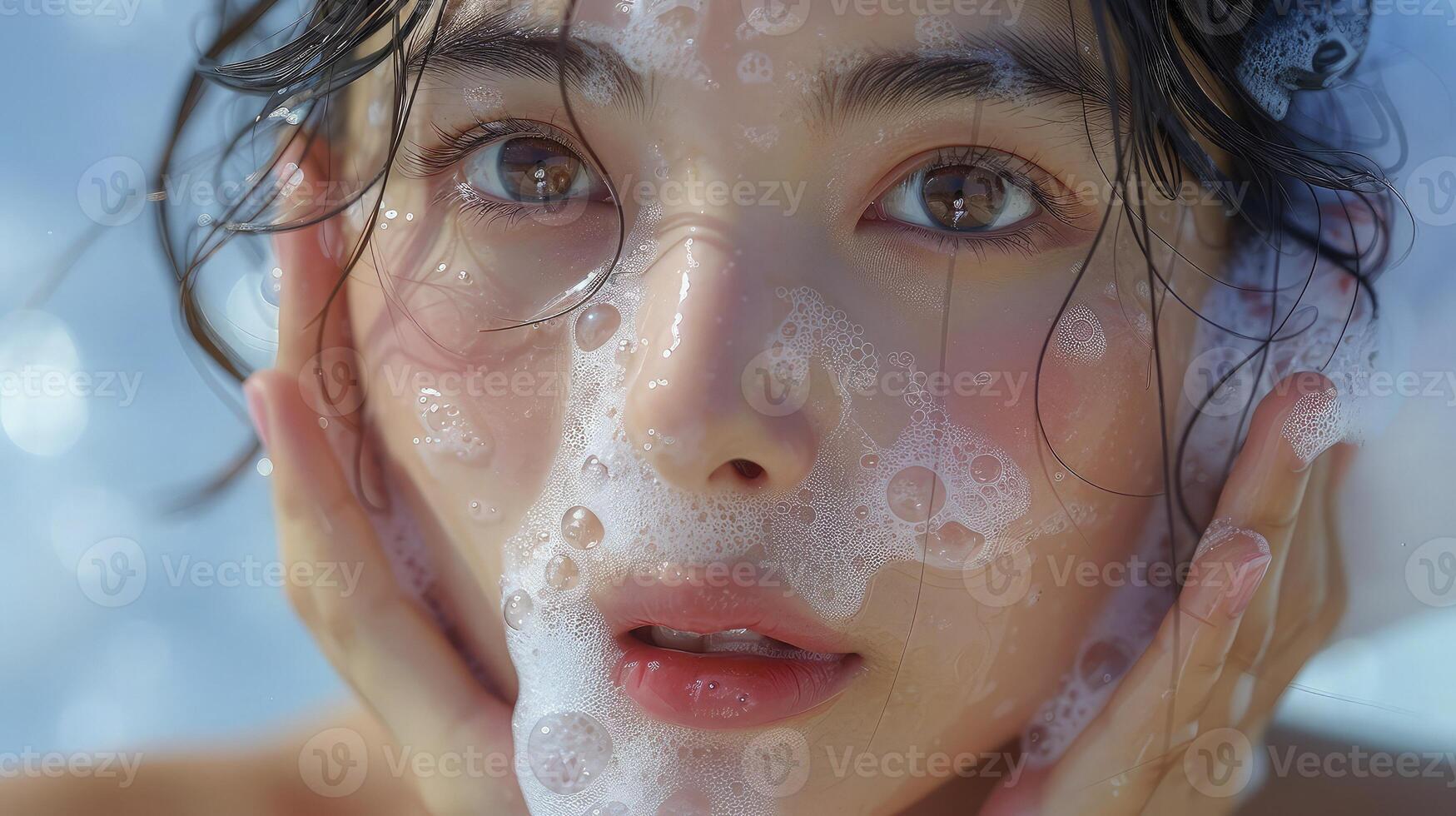 A woman with soap on her face and a bubble bath photo