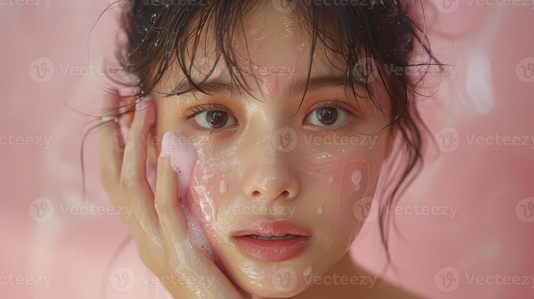 A woman with a pink face and a pink background photo