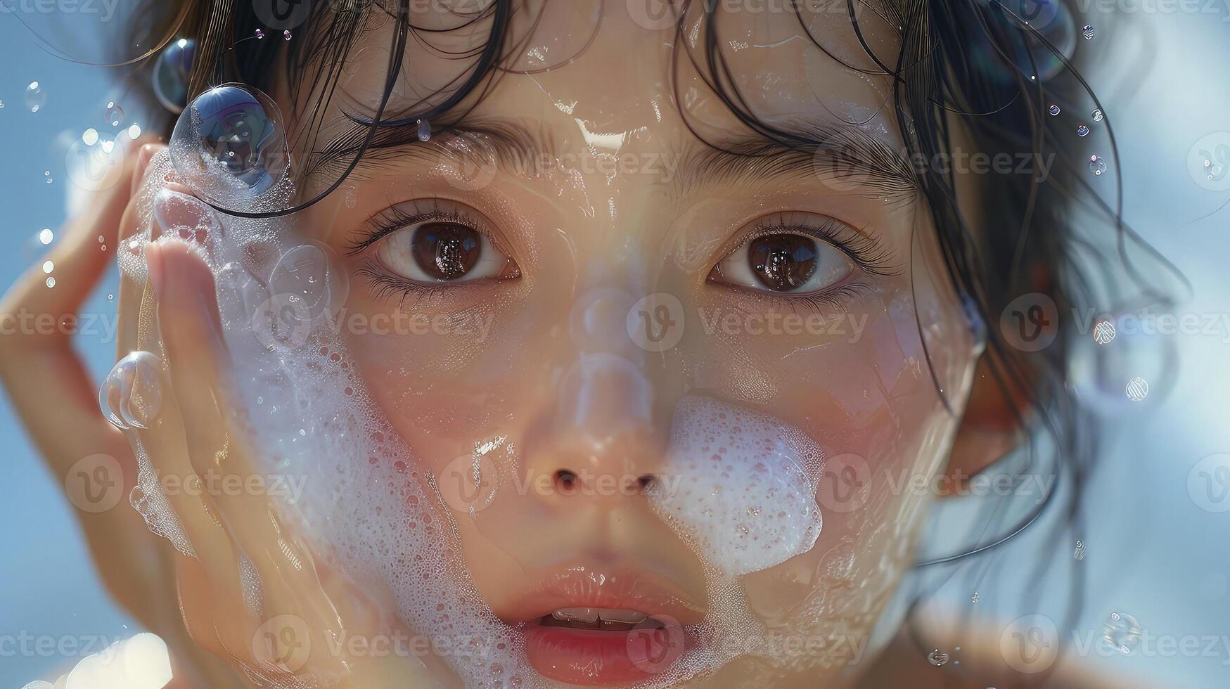 A young girl is washing her face with soap bubbles photo