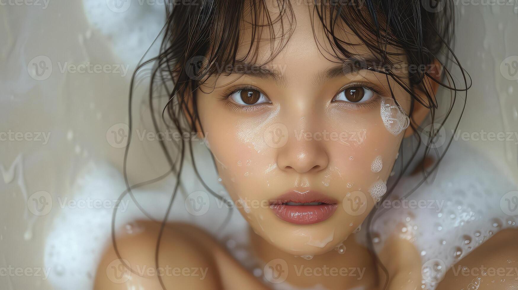 A woman is in a bathtub with soap bubbles photo