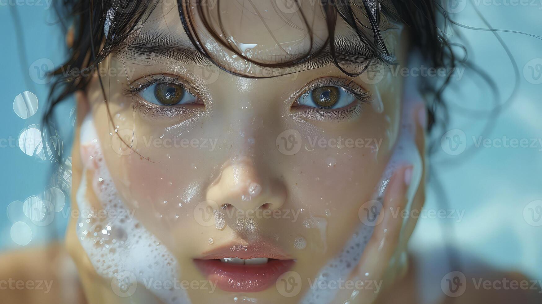 A woman with wet hair and blue eyes is in the water photo