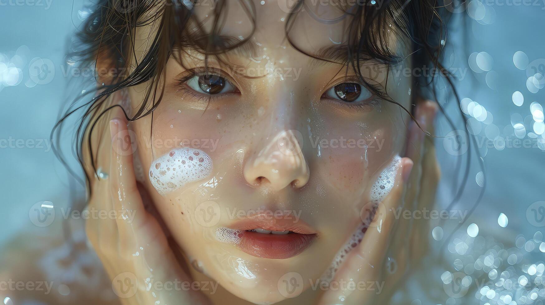 A woman is in the water with soap on her face photo
