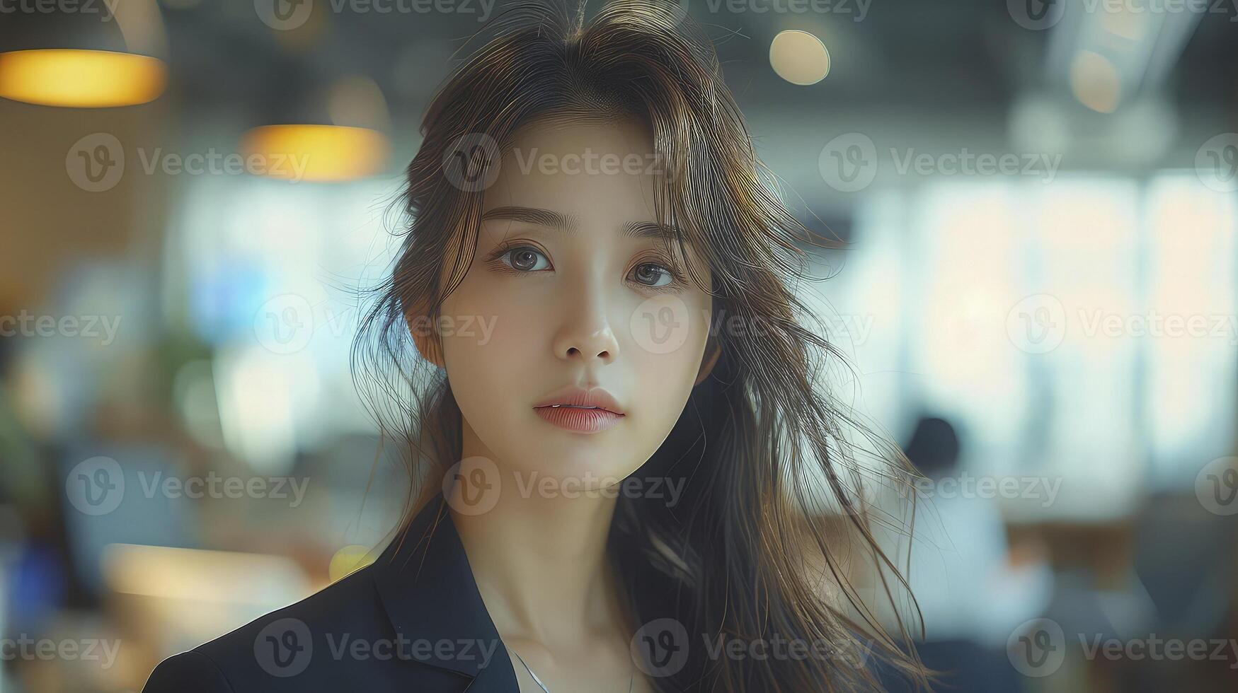 A woman with long hair in a business suit photo
