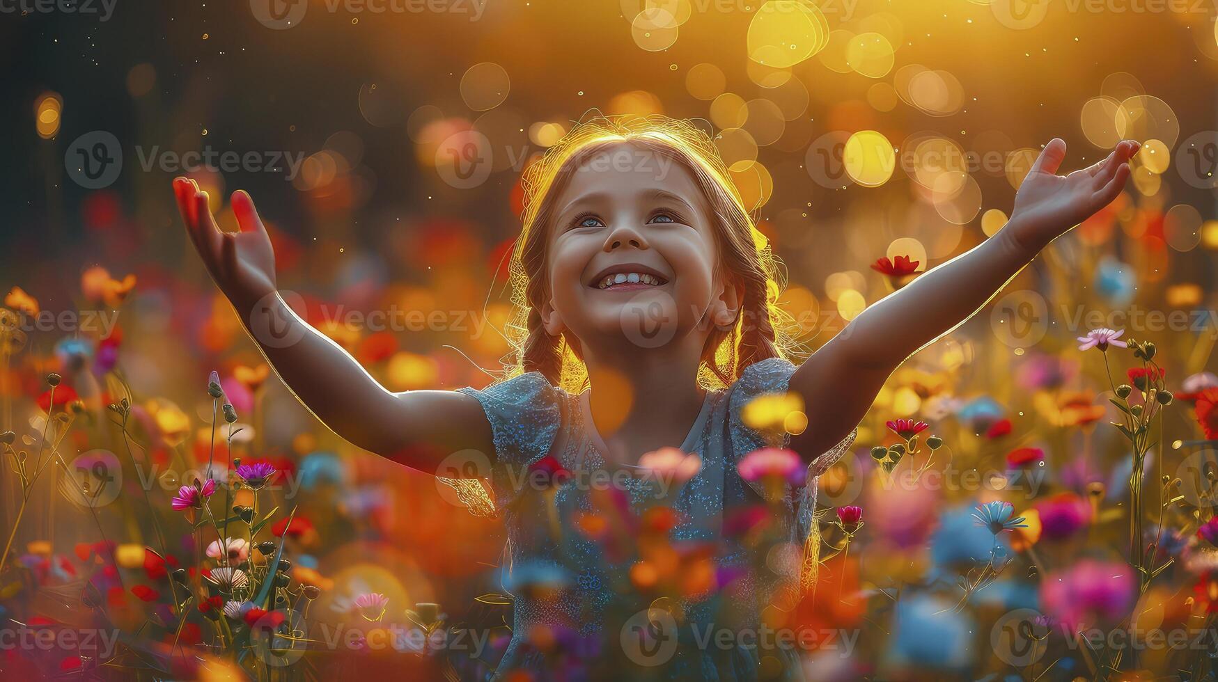A little girl is standing in a field of flowers with her hands up photo