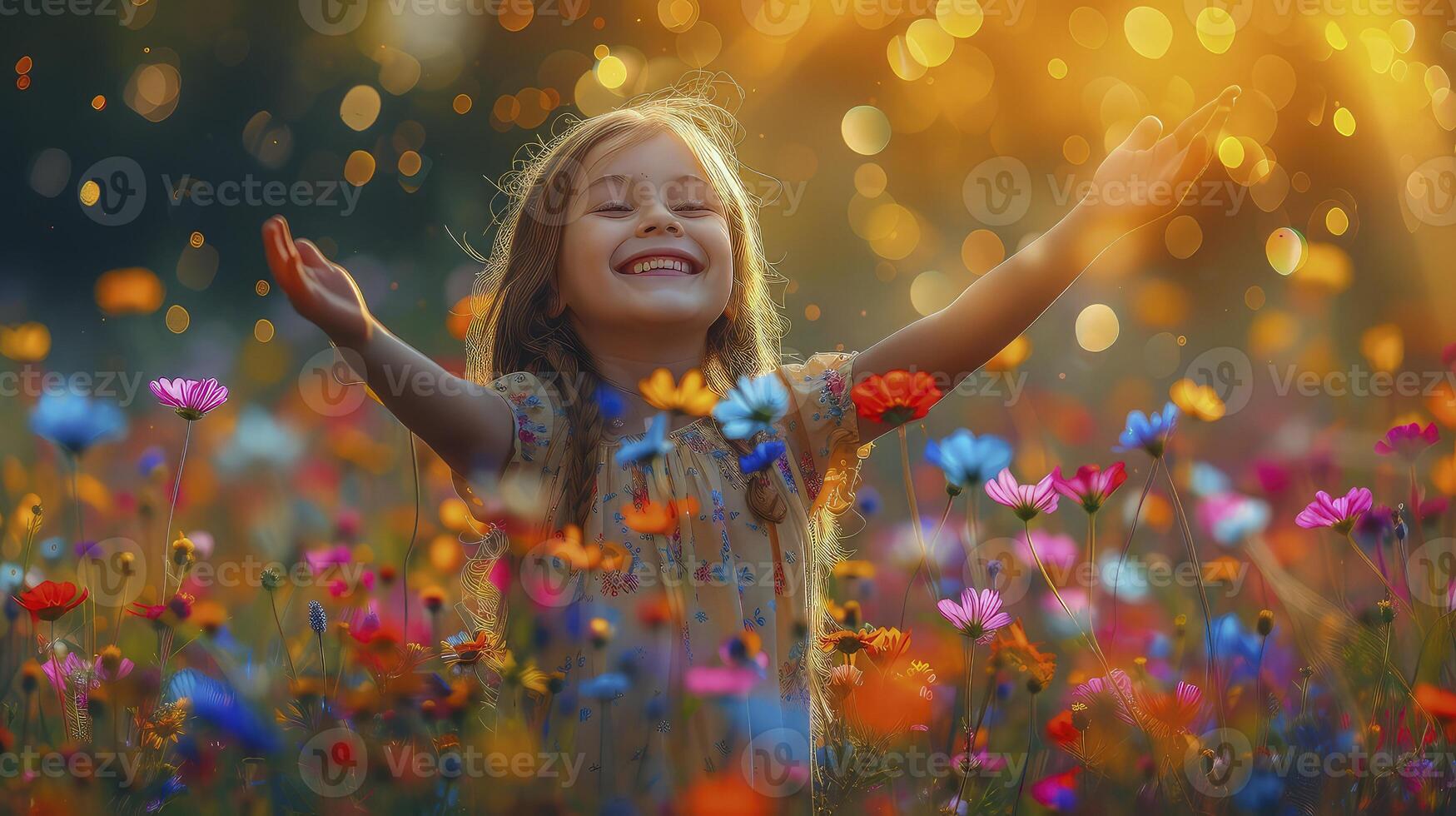 A little girl is standing in a field of flowers with her arms outstretched photo