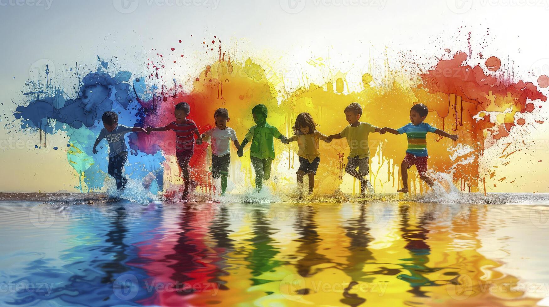 Children holding hands in front of colorful paint splashes photo