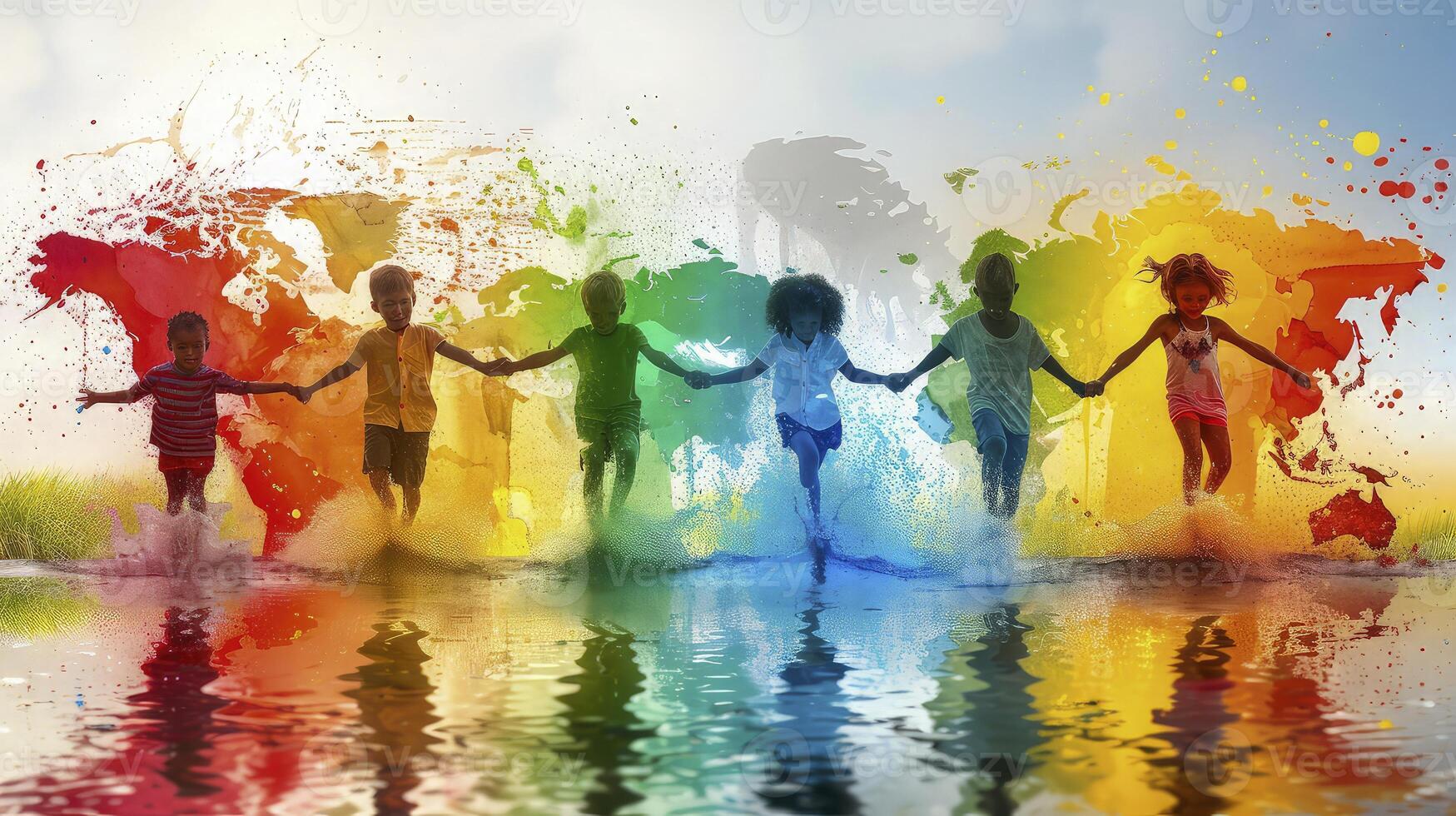 Children holding hands in front of a rainbow colored splash photo