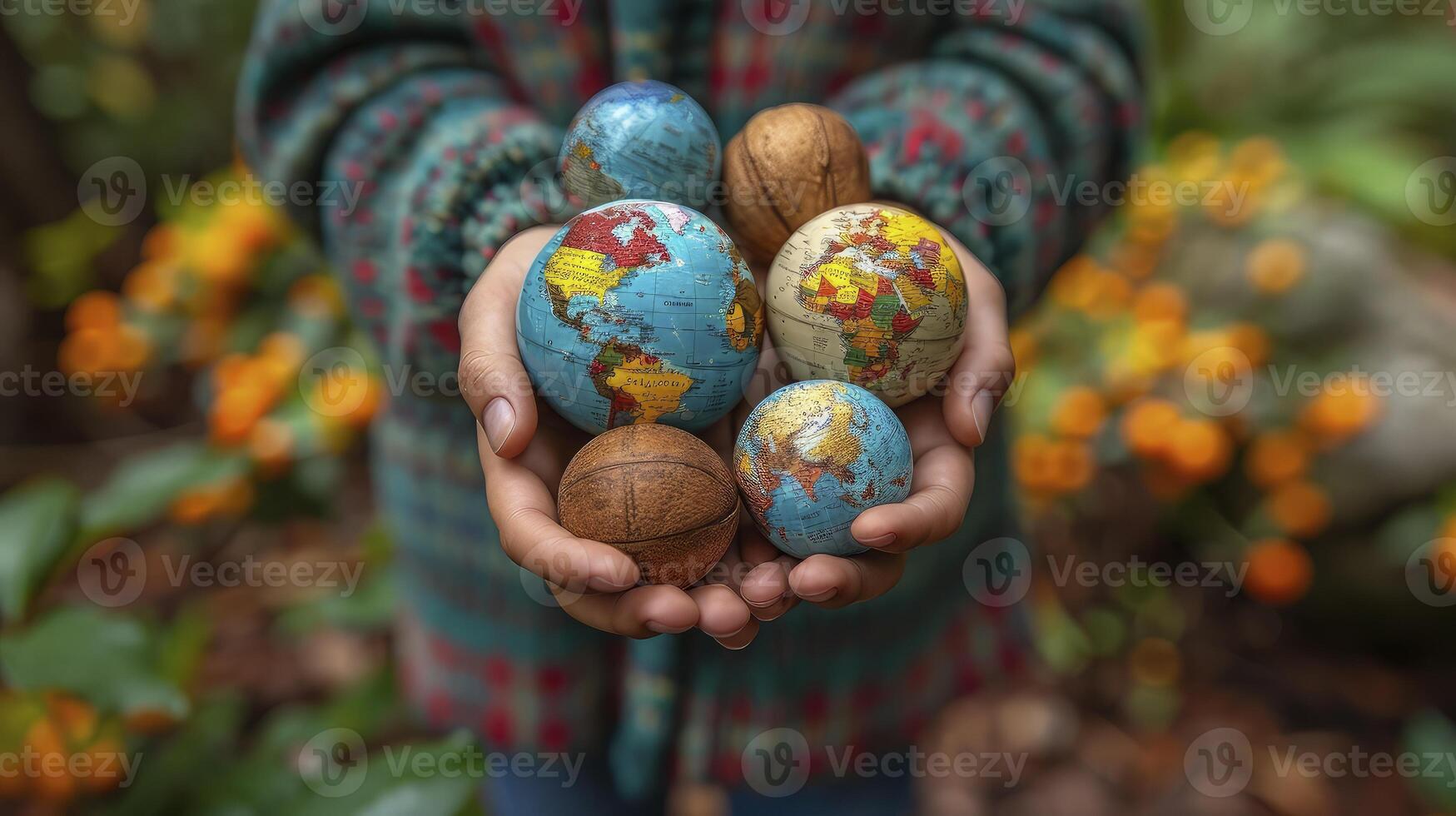 A person holding a globe with a world map on it photo
