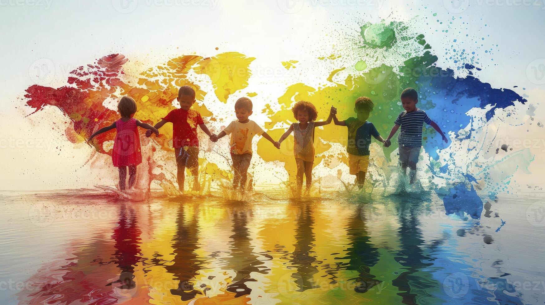 Children holding hands in front of a colorful world map photo
