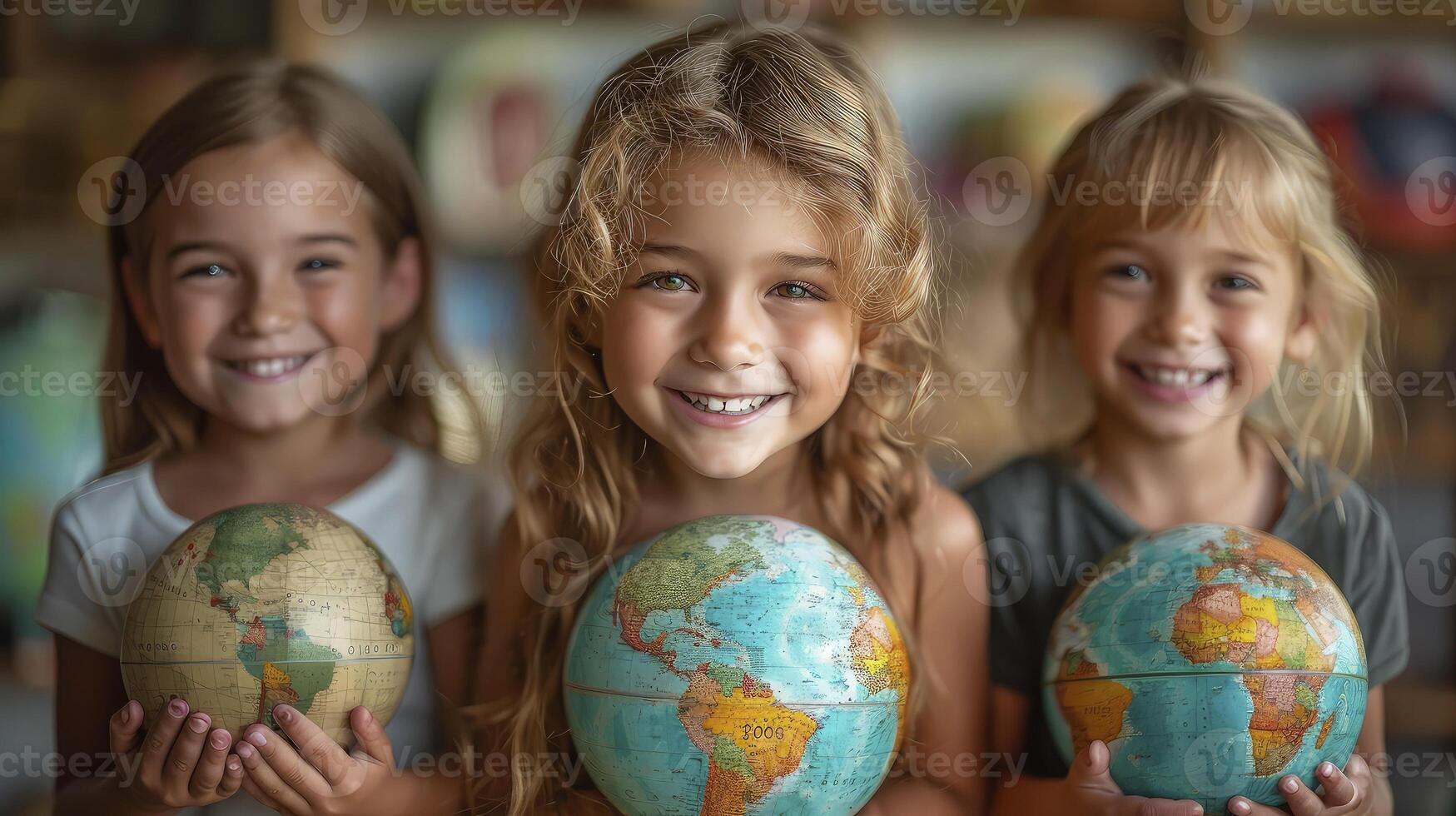 Three children holding globe in their hands photo