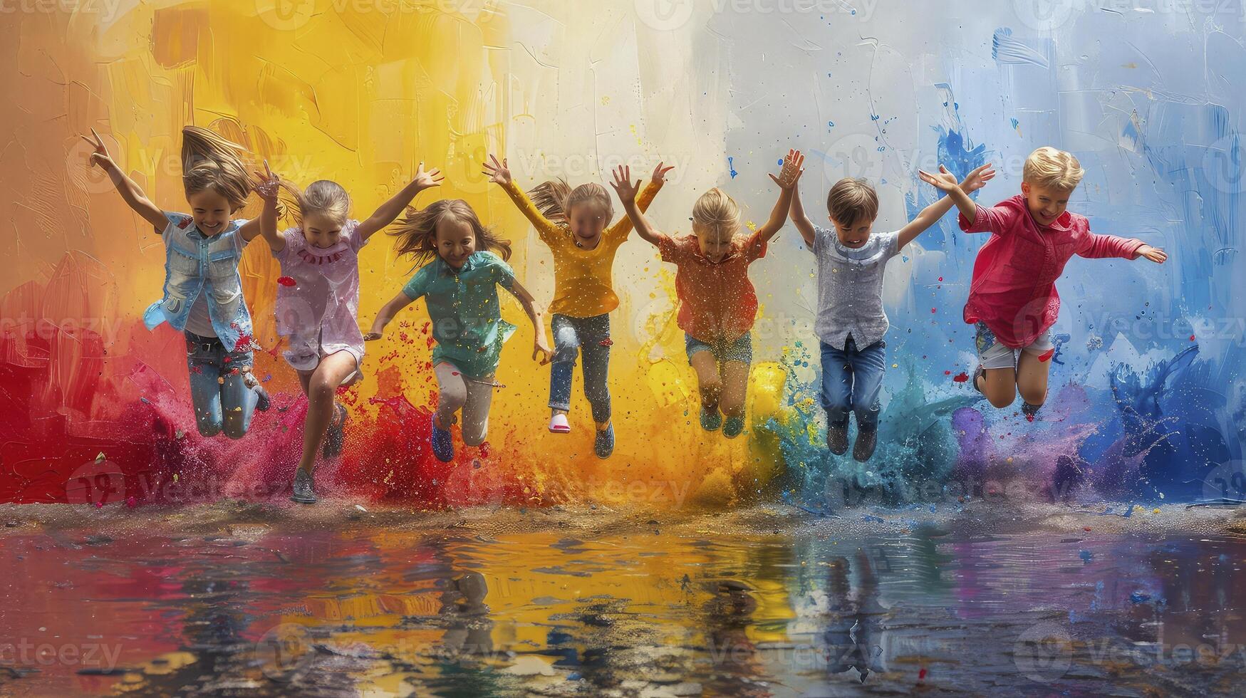 A painting of children jumping in the air with colorful paint photo