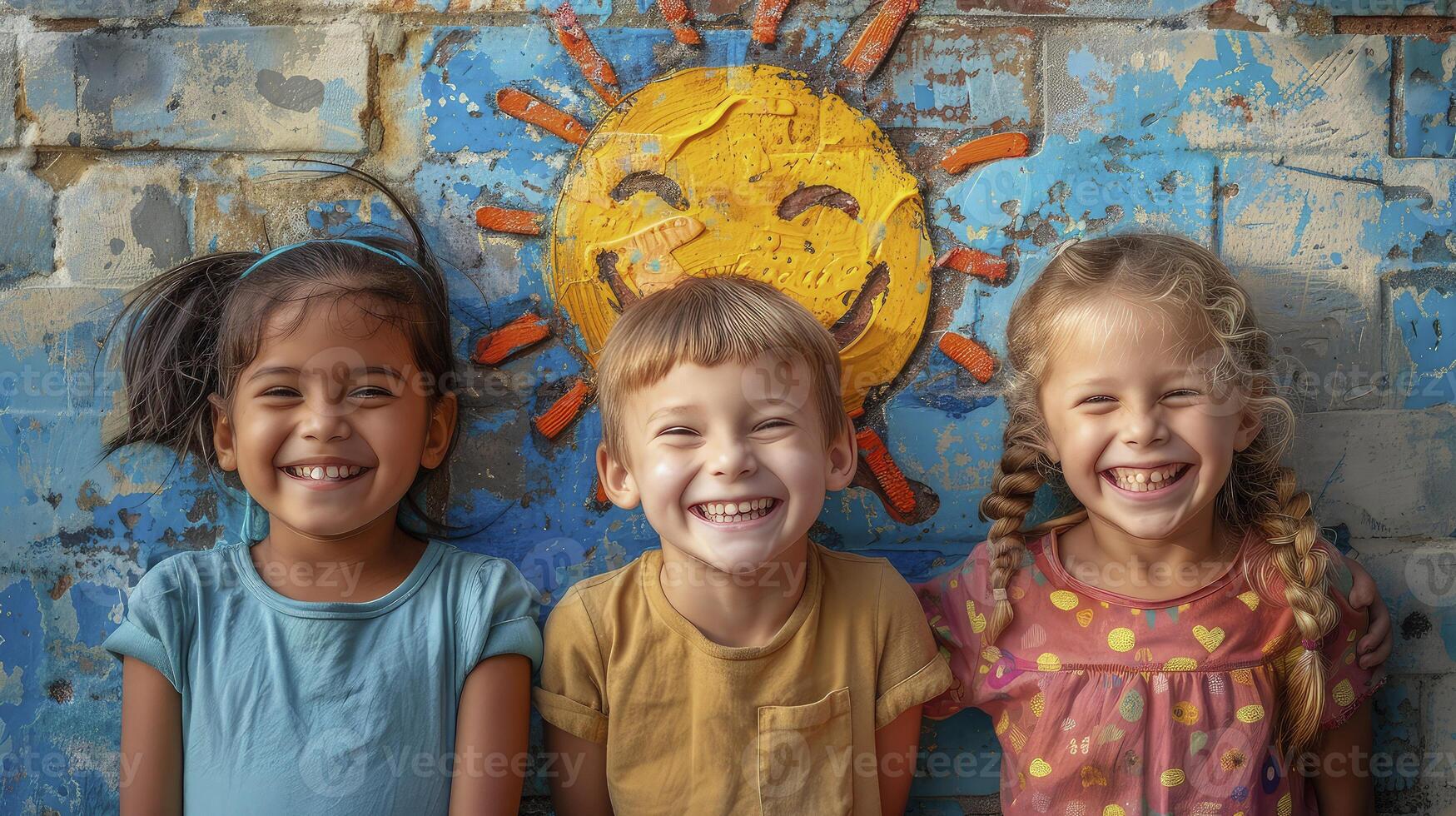 Three children smiling in front of a painted wall photo