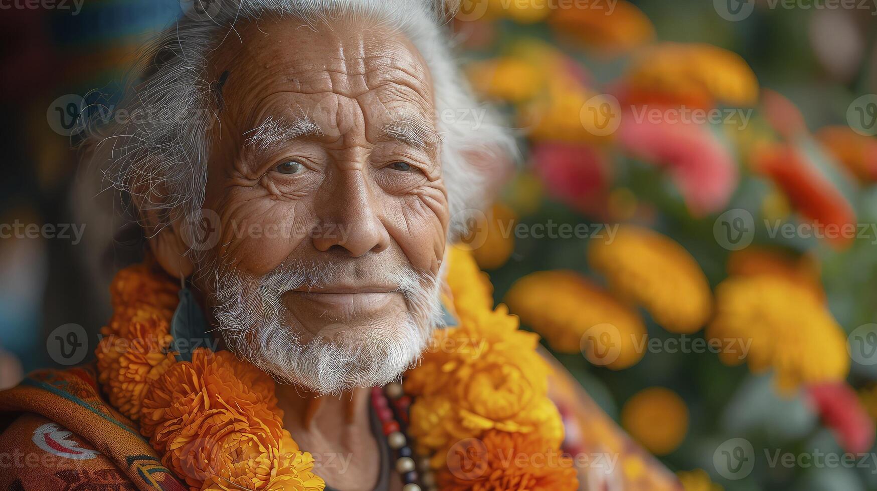 An old man with a flower garland around his neck photo
