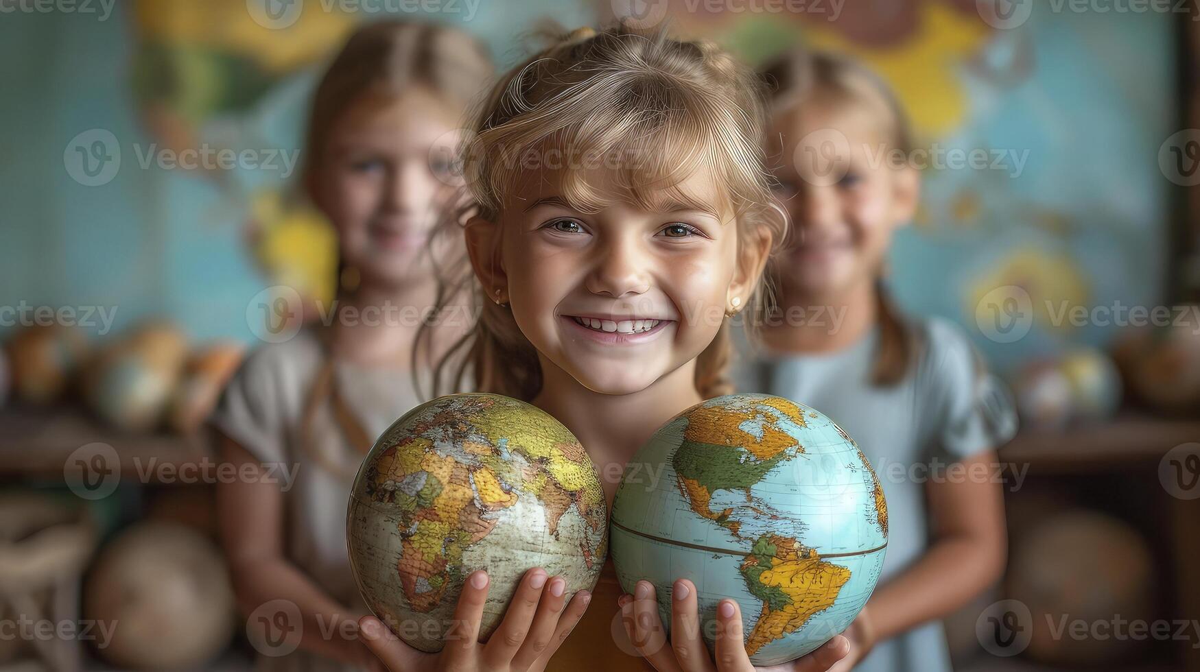 Three children holding globe shaped objects photo