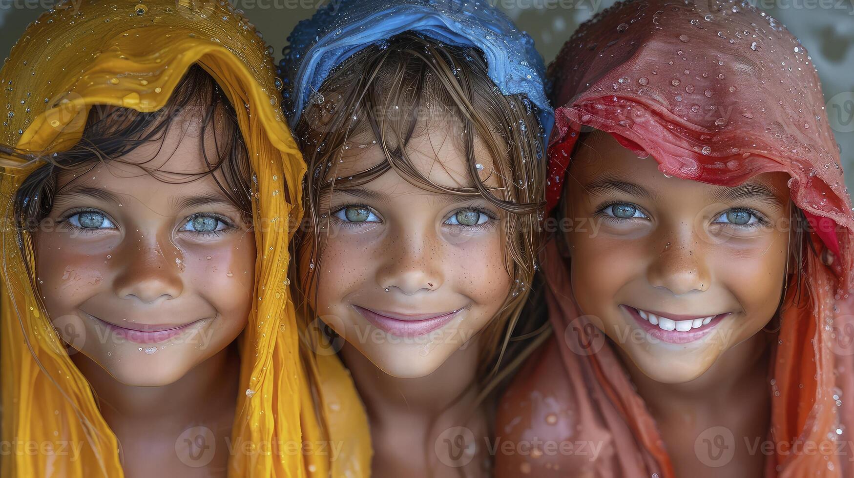 Three children with colorful headscarves and rain photo
