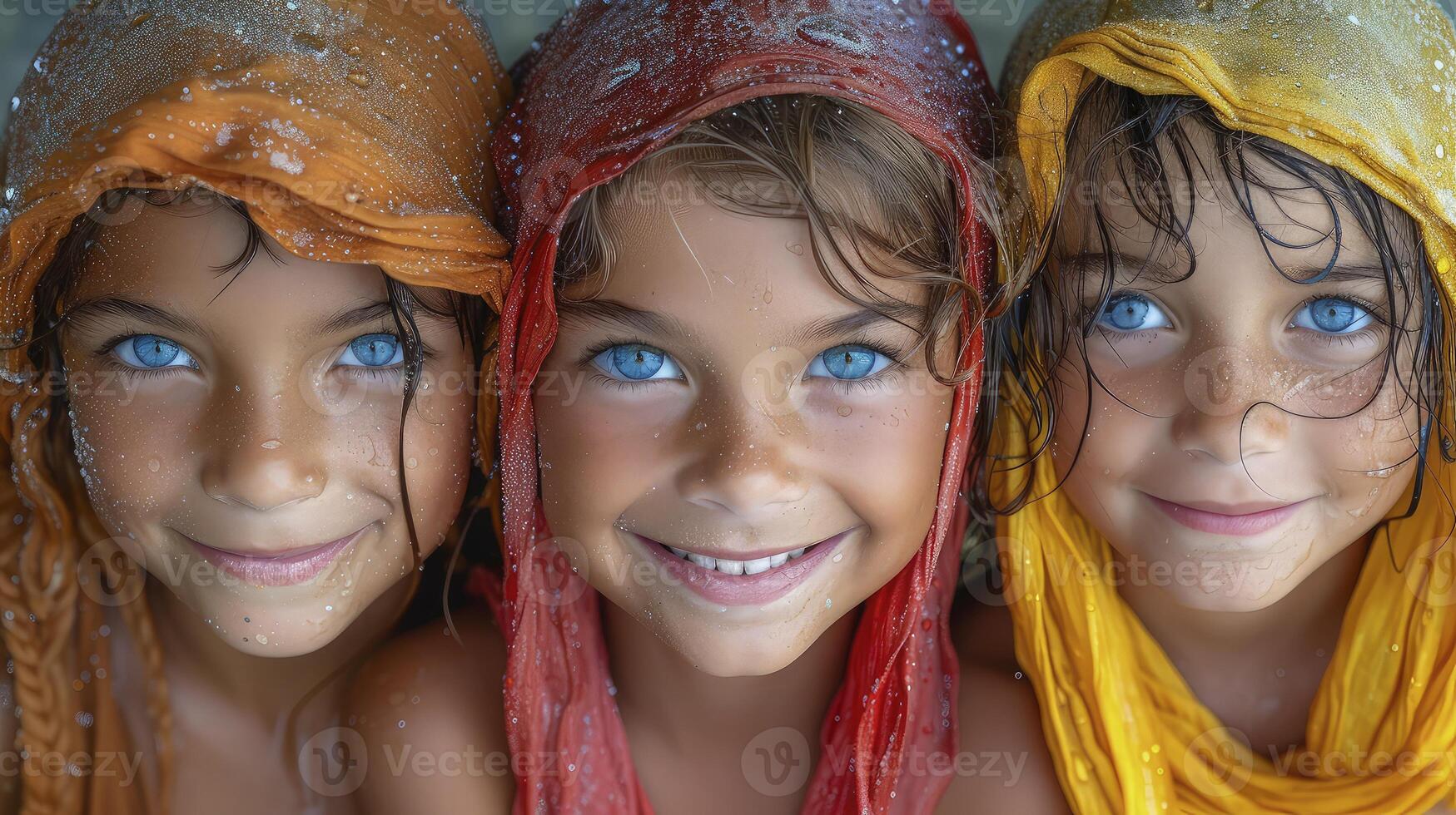 Three young girls with blue eyes and colorful scarves photo