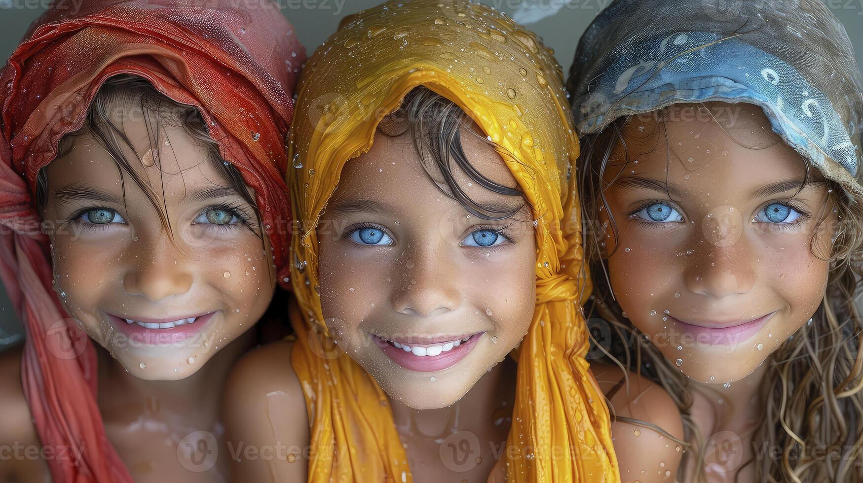 Three little girls with blue eyes and colorful headscarves photo