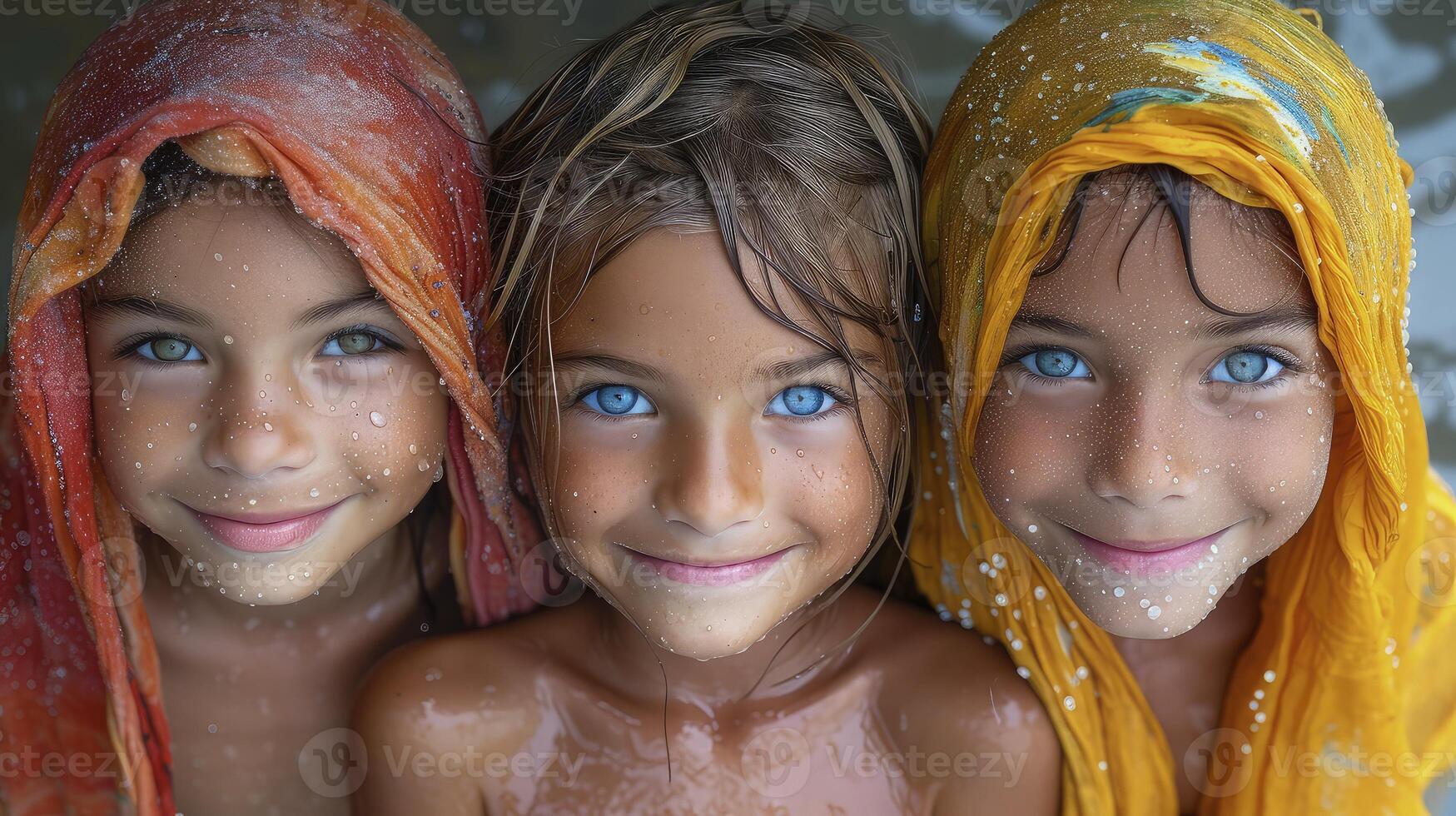 Three little girls with blue eyes and colorful clothes photo