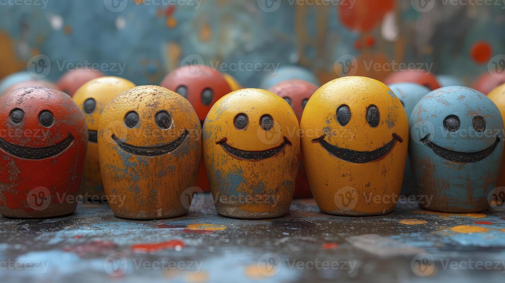 A row of colorful wooden toys with smiley faces photo