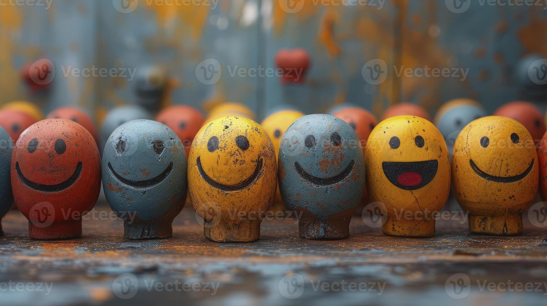 Many colorful wooden figurines with smiley faces photo