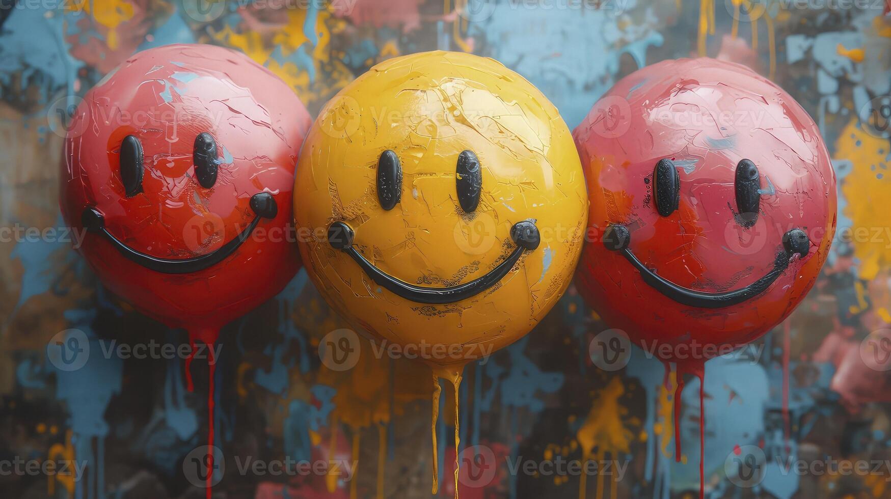 Three balloons with smiley faces painted on them photo