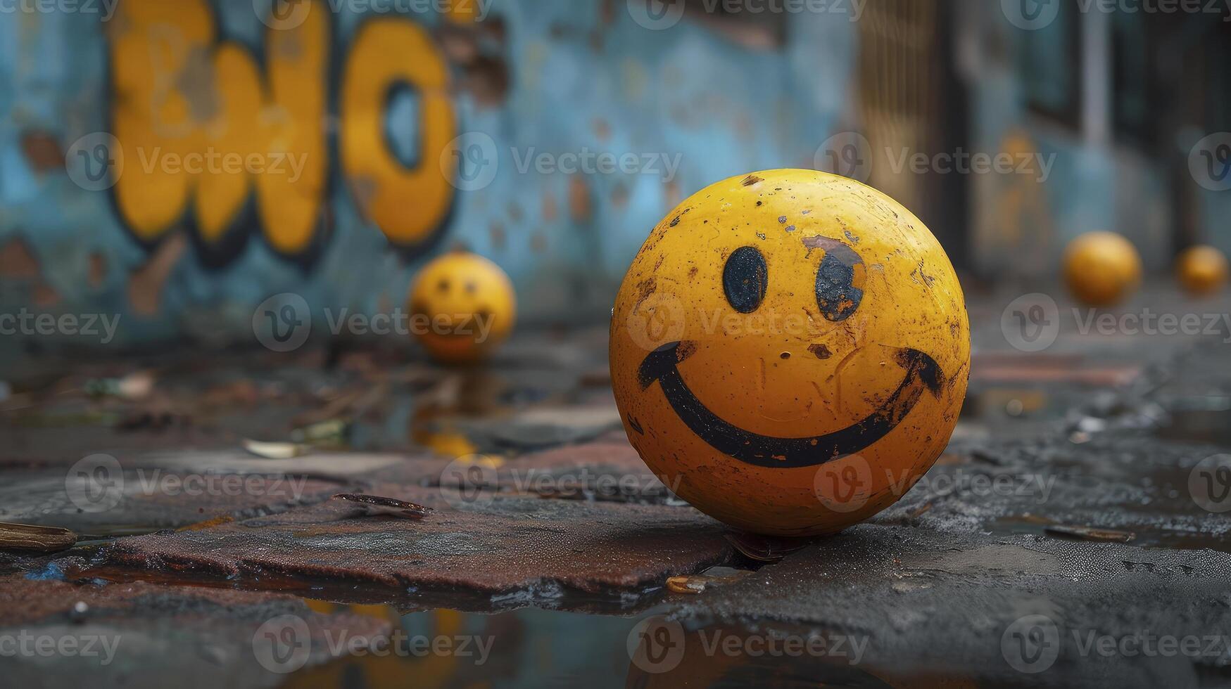 A smiley face ball sits on the ground next to graffiti photo