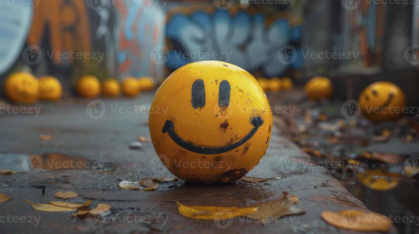 A smiley face painted on a yellow ball in front of graffiti photo