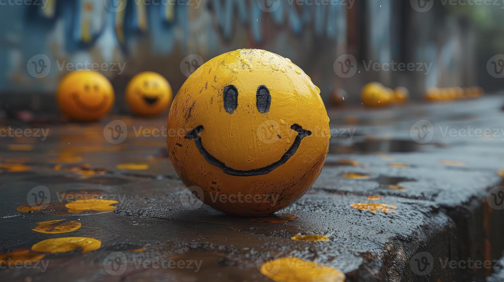 A smiley face painted on a yellow ball in the rain photo