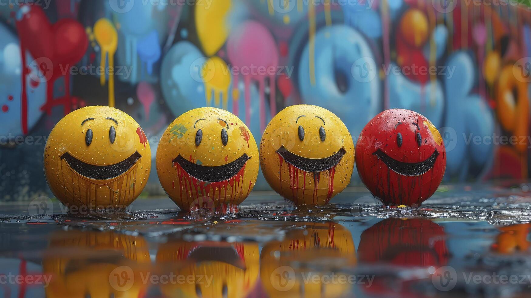 Three colorful smiley faces in front of a graffiti wall photo