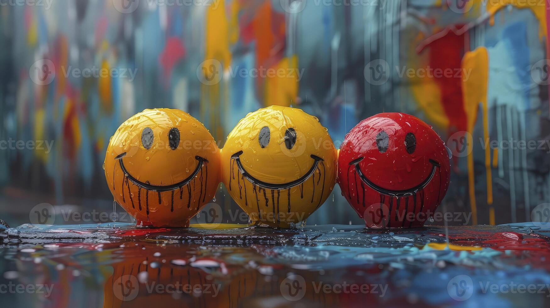 Three colorful eggs with smiley faces painted on them photo