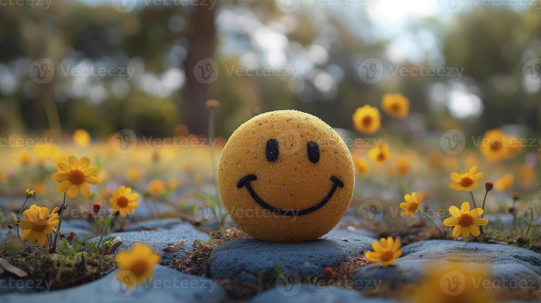 A smiley face is sitting on a rock in a field of yellow flowers photo