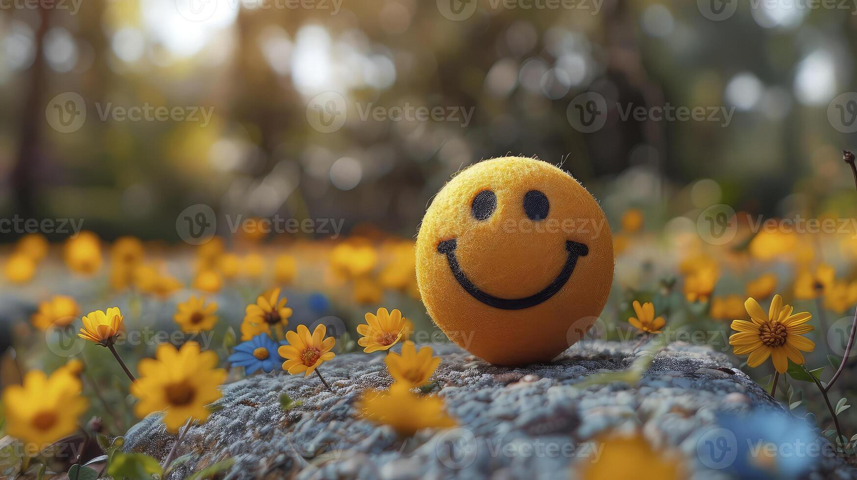 A smiley face is sitting on a rock surrounded by flowers photo