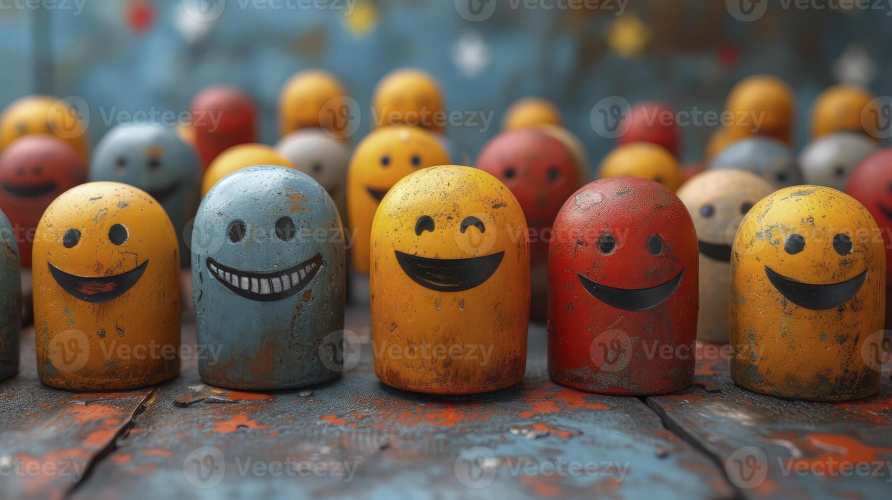 Many colorful wooden toys with smiling faces photo