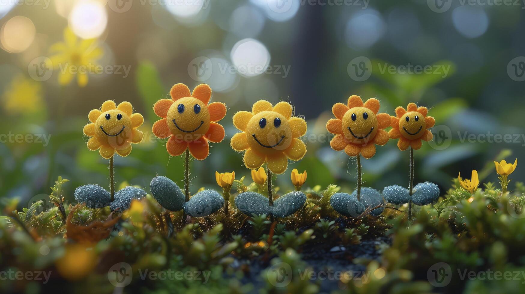 Four small flowers with smiley faces on them photo