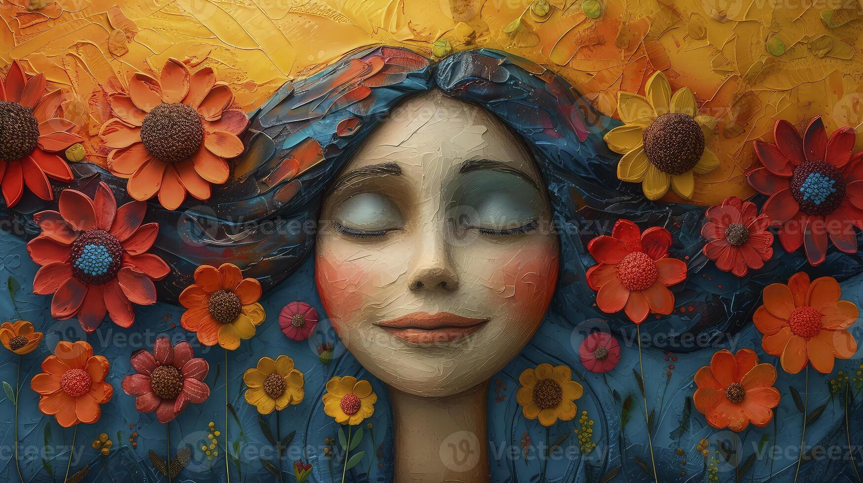 A painting of a woman with flowers on her face photo