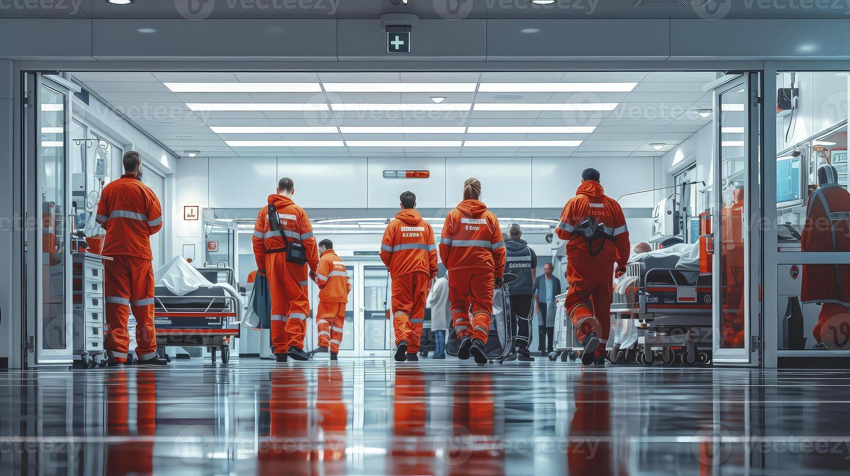 A group of people in orange uniforms walking through a hospital photo