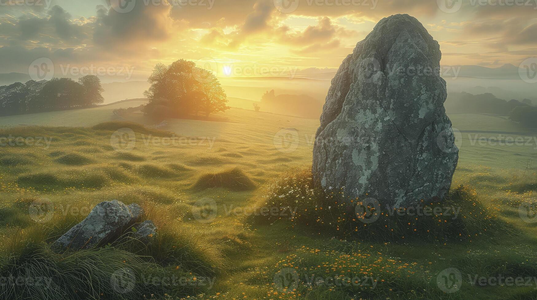 A stone in a field with a sunset behind it photo