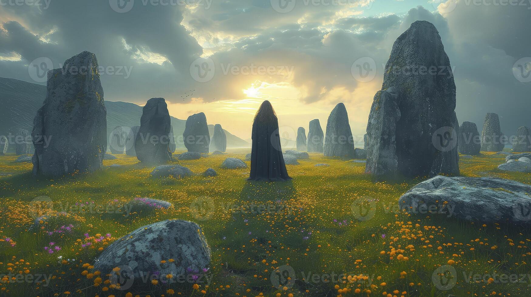 A field of flowers and stones in the middle of a field photo