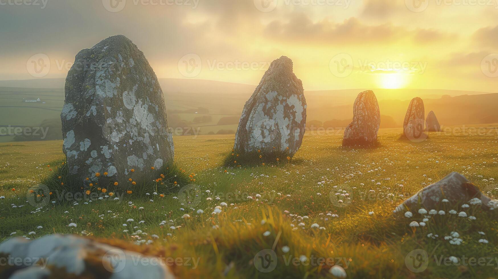 A field with stone circles at sunset photo