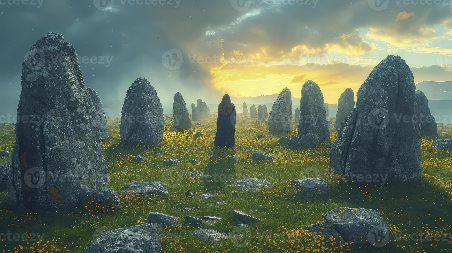 A field of rocks and flowers at sunset photo