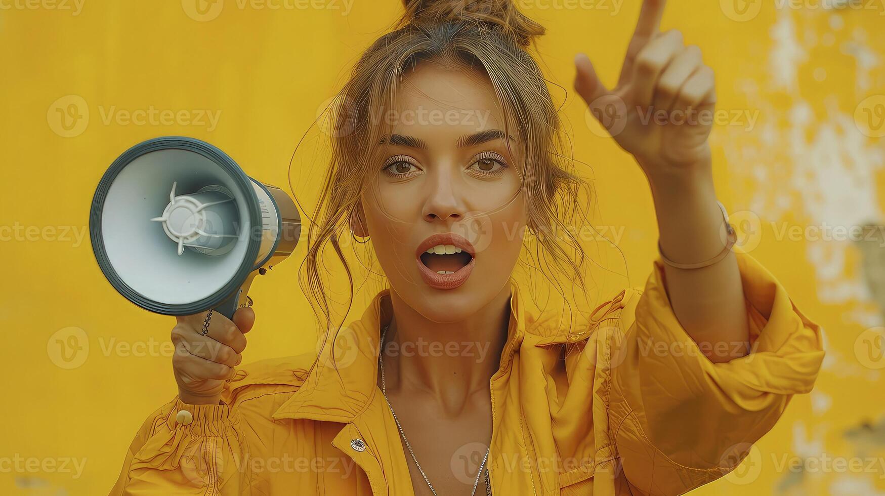 A woman holding a megaphone in front of a yellow wall photo