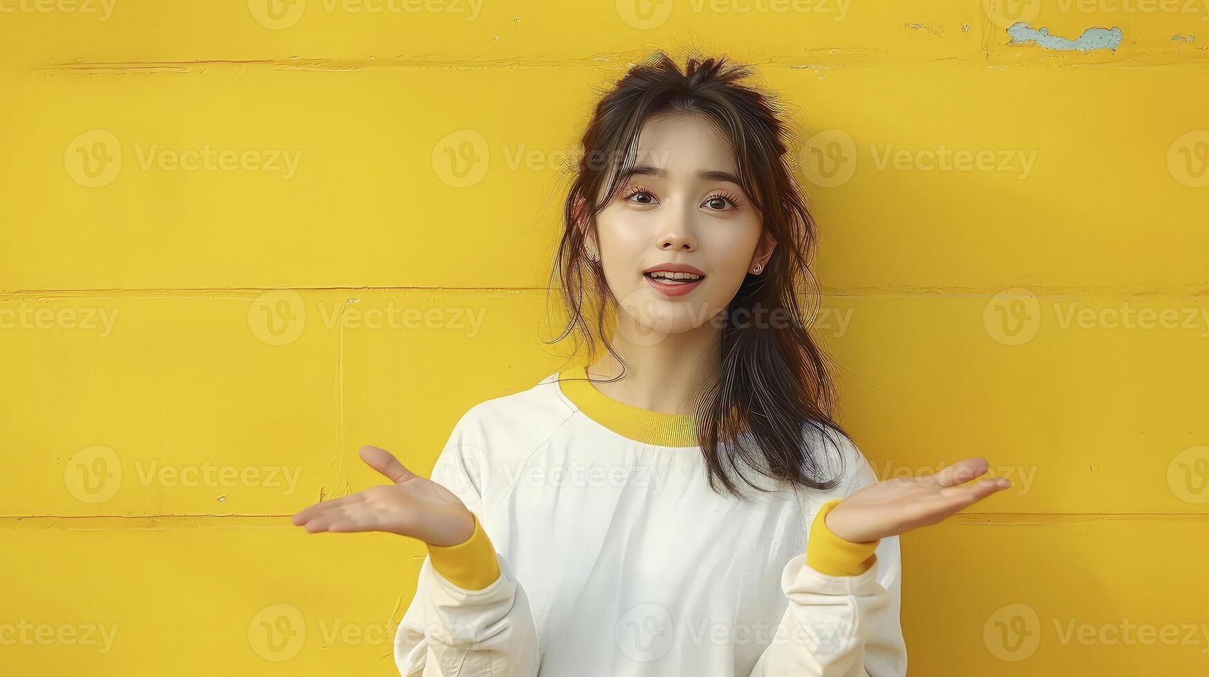 A woman is standing in front of a yellow wall photo