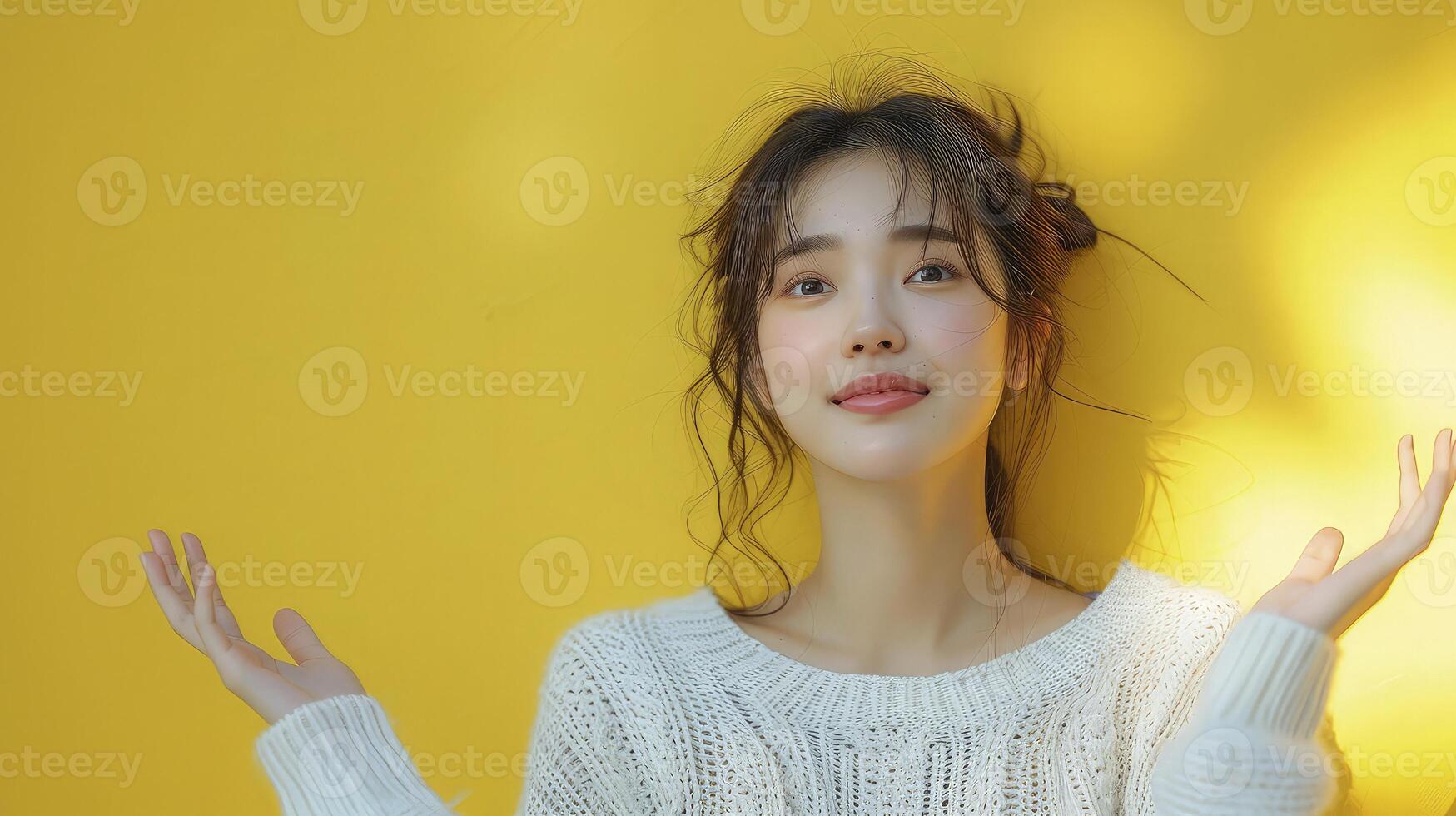 A woman in a sweater is looking up at the camera photo