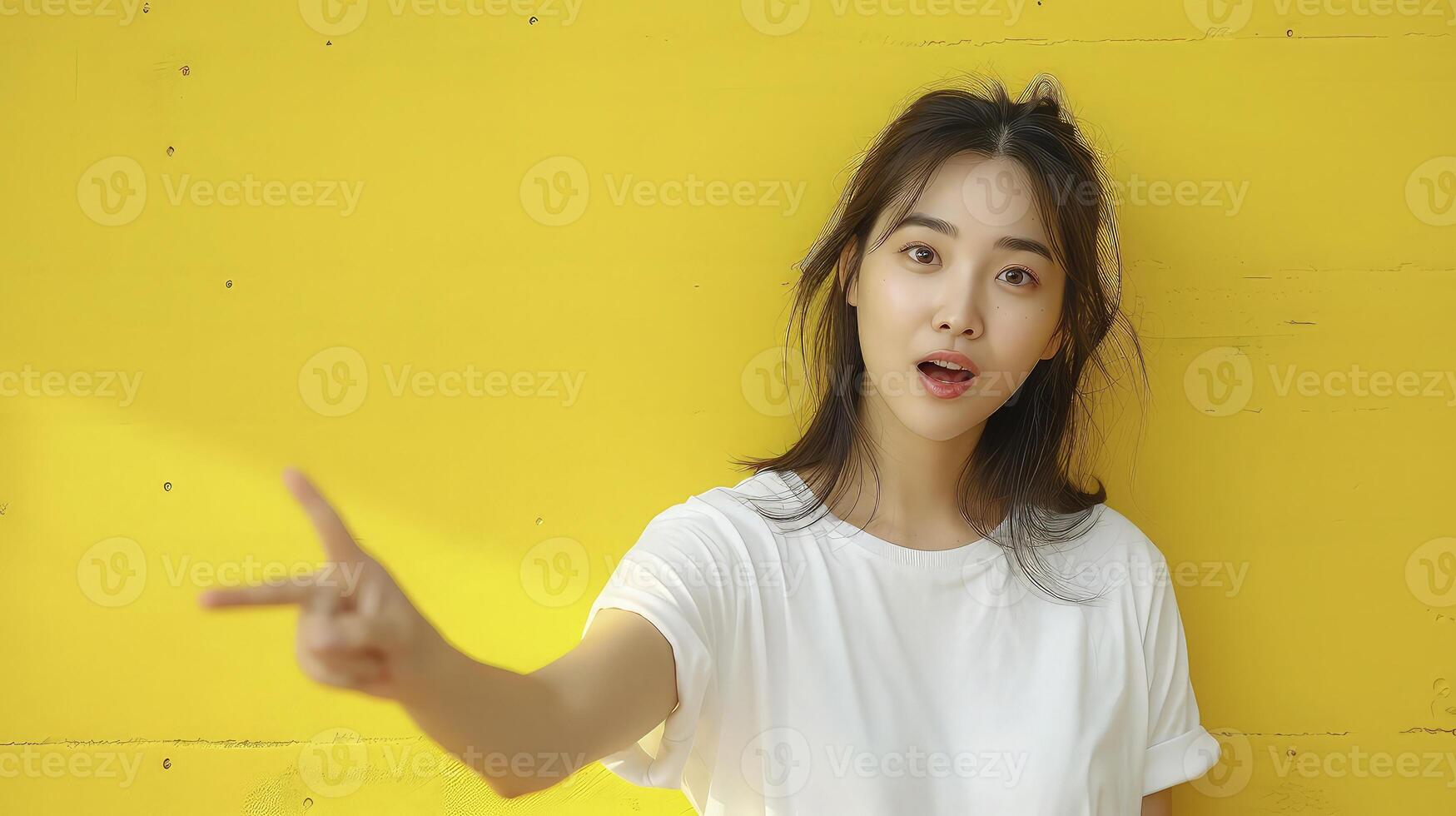 Young asian woman pointing at something photo
